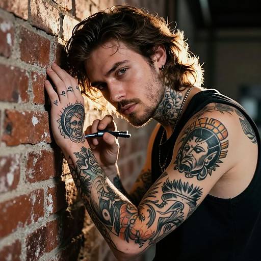 Tattooed man with shoulder-length brown hair, wearing a black tank top, leans against a brick wall, smoking a cigarette. Detailed arm and