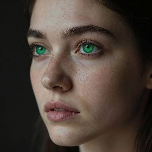 Close-up photograph of a young woman with fair skin, bright green eyes, and dark brown hair, looking intently into the distance against a black background