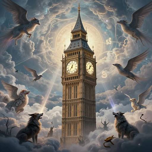 Digital painting: Stormy sky with clock tower, surrounded by flying birds and wolves, lightning, moon, and numbers 5 and 8. Fantasy