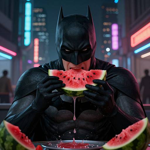 Digital art: Batman in dark suit, eating watermelon slice, juice dripping, neon cityscape background, muscular build, intense gaze.