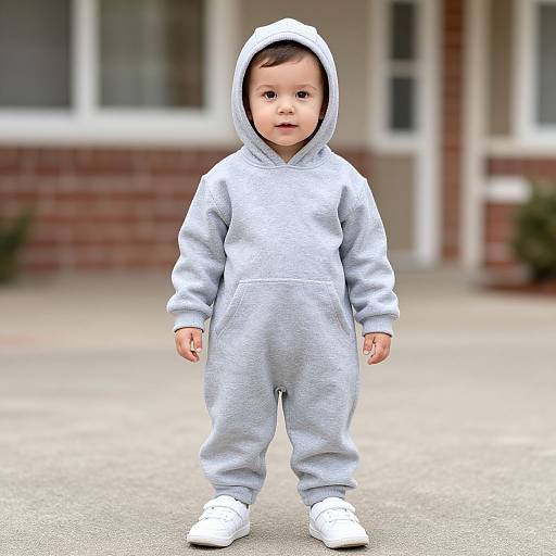 Photograph of a cute, fair-skinned baby with dark hair, wearing a light gray hooded onesie and white sneakers, standing on a concrete