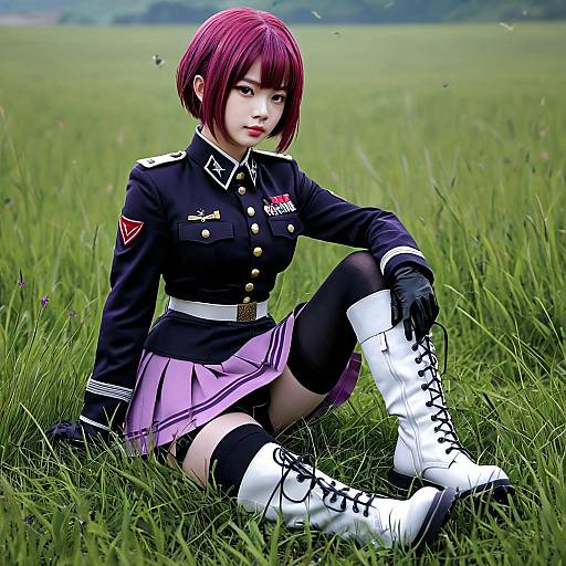 Red-Haired Girl in Military Field