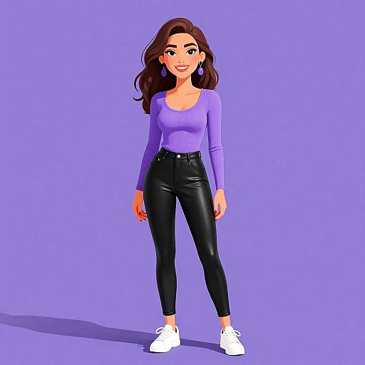 Digital illustration of a smiling woman with long brown hair, purple sweater, black leather pants, white sneakers, and purple earrings, against a solid purple background