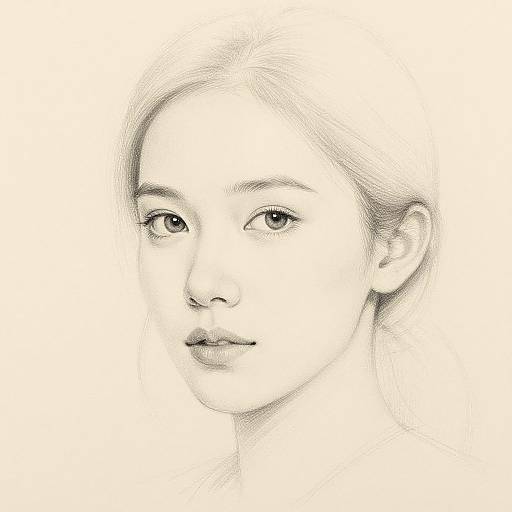 Monochrome pencil sketch of a young woman with soft features, delicate eyes, and subtle smile, head slightly turned to the left.
