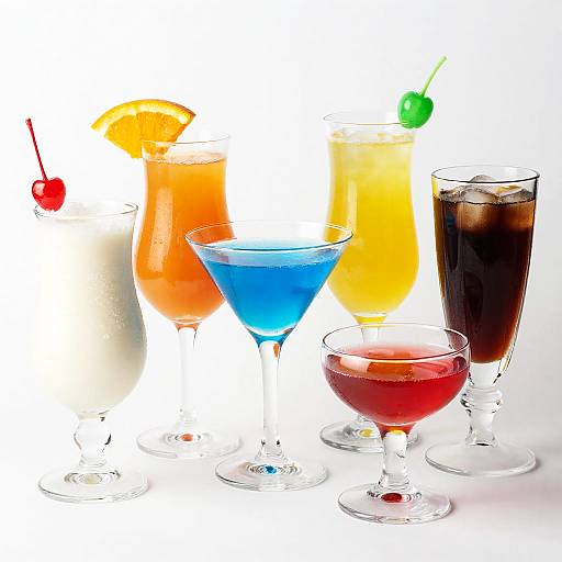 Photograph of seven colorful cocktails: orange with lemon slice, blue, yellow, red, dark brown with ice, and two clear glasses.