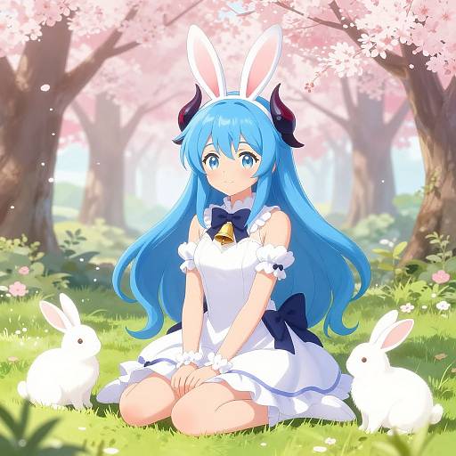 Anime-style digital artwork of a blue-haired girl with bunny ears, dressed in a white and black maid outfit, sitting on grass surrounded by white rabbits,