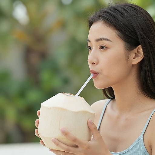 Asian woman with long black hair, light skin, wearing a light blue tank top, drinking from a white coconut with a straw, outdoors with blurred green