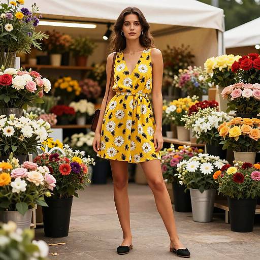Photograph of a young woman with wavy brown hair in a yellow, daisy-patterned sleeveless dress, standing in a vibrant flower shop.