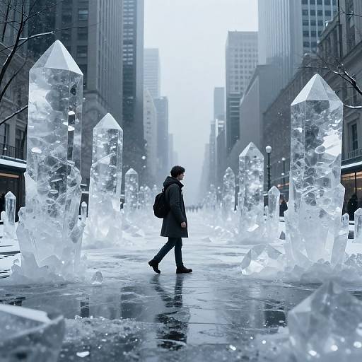 Photograph of a solitary figure in a black coat walking through a winter city street lined with towering, illuminated ice sculptures.