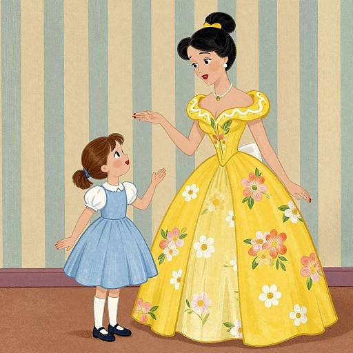 Digital illustration of a woman in a yellow floral ball gown and a young girl in a blue dress, standing in a striped room. The woman gestures downward