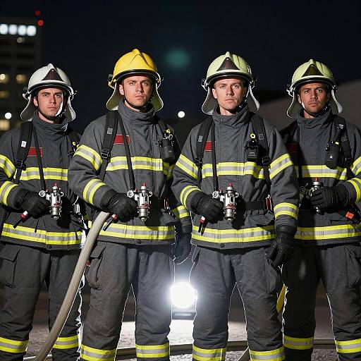 Team of Four Firefighters in Uniforms Holding Fire Hoses