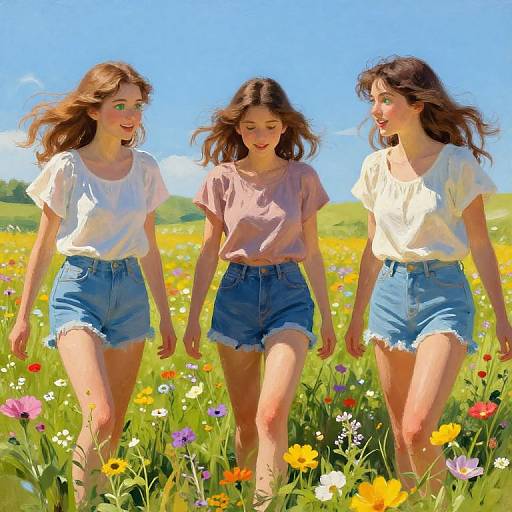 Three young women with flowing brown hair, wearing white and pink tops, and blue denim shorts, walk joyfully through a vibrant, sunny meadow filled