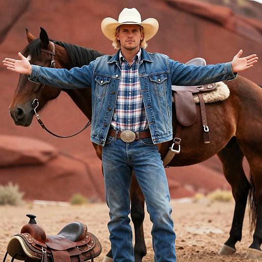 Blonde Cowboy with Horse in Rocky West