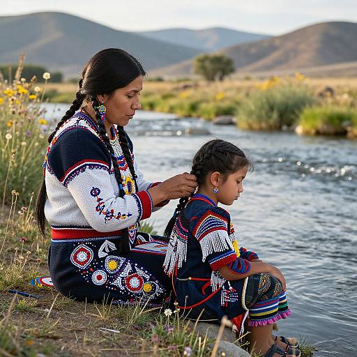 Native American Mother and Child by River
