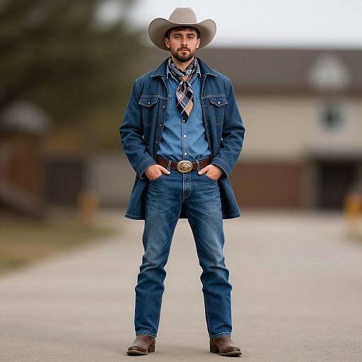 Photograph of a bearded man in a cowboy hat, blue denim jacket, shirt, tie, jeans, and brown boots, standing confidently on a