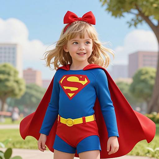 Photograph of a smiling blonde girl in a Superman costume with a red cape, blue shirt, red shorts, yellow belt, and red bow, standing