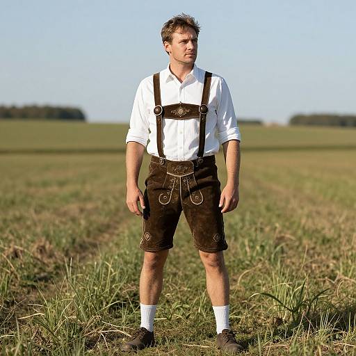 Photograph of a Caucasian man with short brown hair, wearing a white shirt, brown leather suspenders, and shorts, standing in a sunlit,