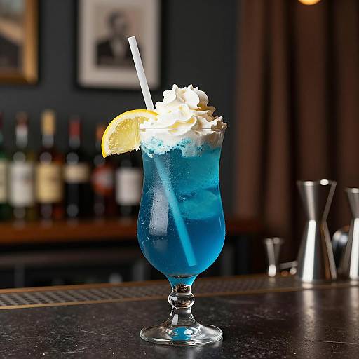 Blue Cocktail with Whipped Cream and Lemon Slice