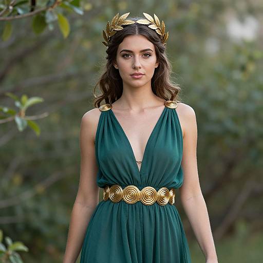 Photograph of a young woman with long brown hair, wearing a deep green, sleeveless, V-neck dress with gold laurel crown and belt,