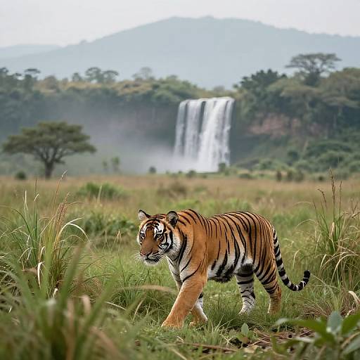 Photograph of a tiger walking through grassy savanna, with a waterfall in the background and misty mountains under a cloudy sky.