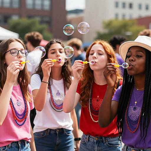 Photograph of four diverse teenage girls blowing bubble wands, wearing colorful beaded necklaces, casual clothes, and a white hat, outdoors.