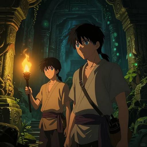Anime-style digital illustration of two young males with black hair and blue eyes, in ancient temple with torchlight, wearing loose grey tunics. One holds