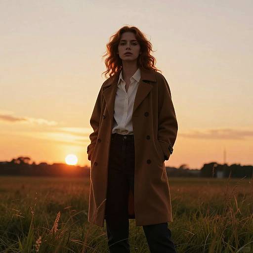 Photograph of a woman with wavy brown hair, wearing a brown coat and white blouse, standing in a grassy field at sunset.