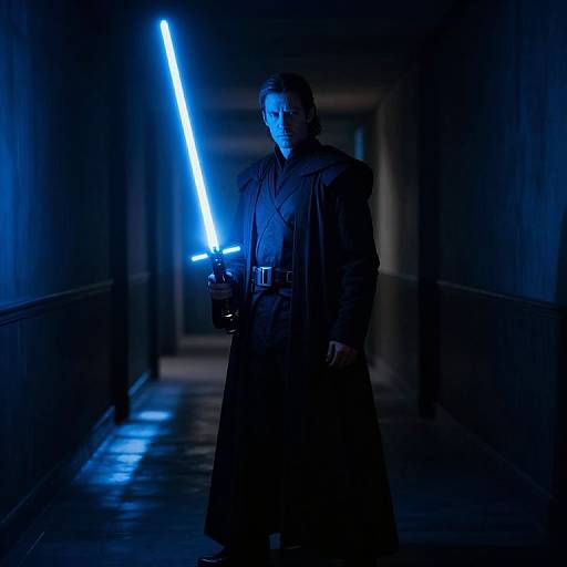 Photograph of a man in a dark, trench coat, holding a glowing blue lightsaber in a dimly lit, blue-lit hallway.