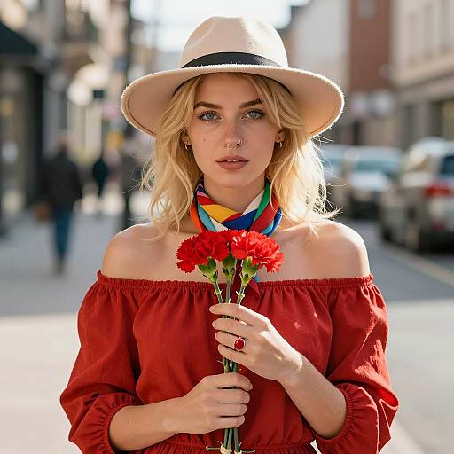 Blonde Beauty with Carnations in Urban Setting