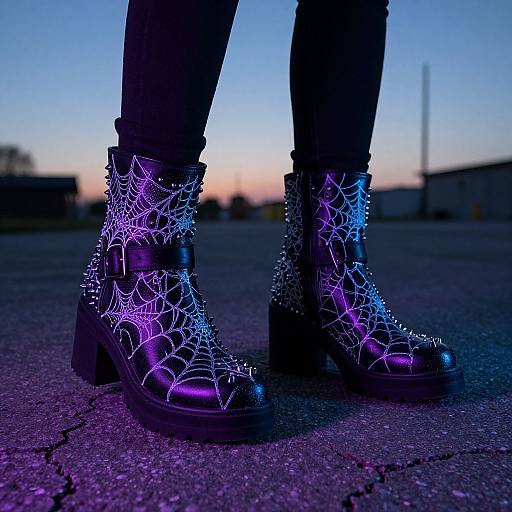 Photograph of glowing purple and blue spiderweb-patterned boots on dark legs, standing on a cracked asphalt surface at dusk.