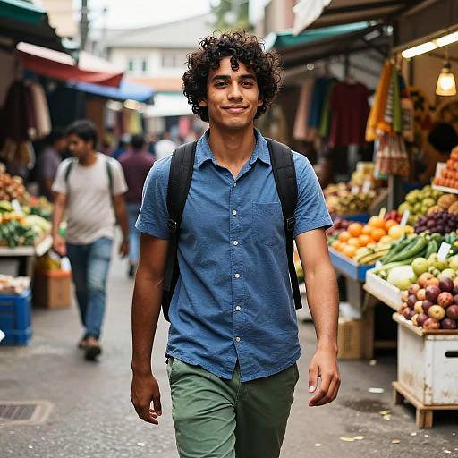 Young man walking in busy street market