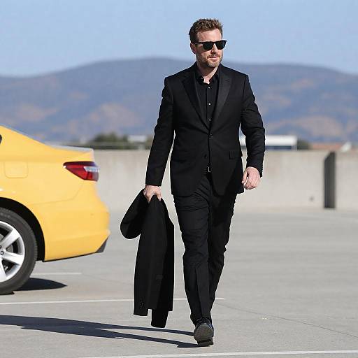 Man in Black Suit Crossing Parking Lot