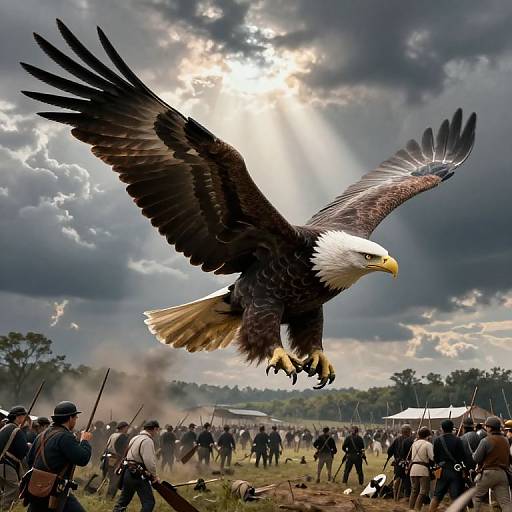 Photograph of a majestic bald eagle soaring over a historical battle scene with soldiers, spears, and dramatic cloudy sky background.