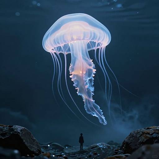 Photograph of a glowing, bioluminescent jellyfish with ethereal blue and white hues, floating above a small silhouette of a person standing on