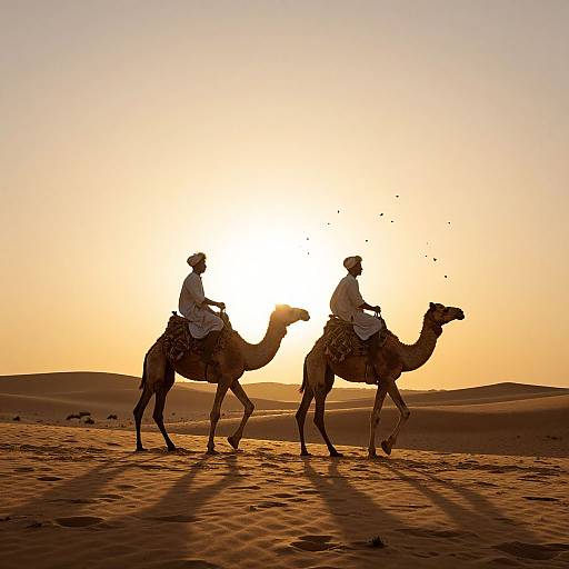 Camel Riders in Surreal Desert Sunset