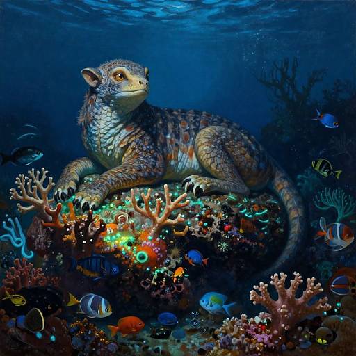 Vibrant digital artwork of a detailed, scaly, lizard-like sea creature resting on a colorful coral reef, surrounded by various brightly colored fish and