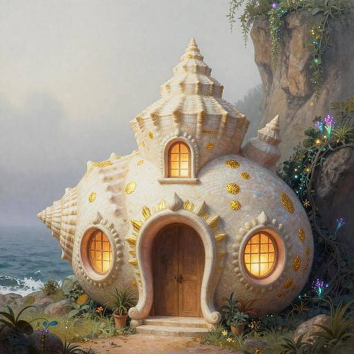 Whimsical Conch-Shell Villa Illustration