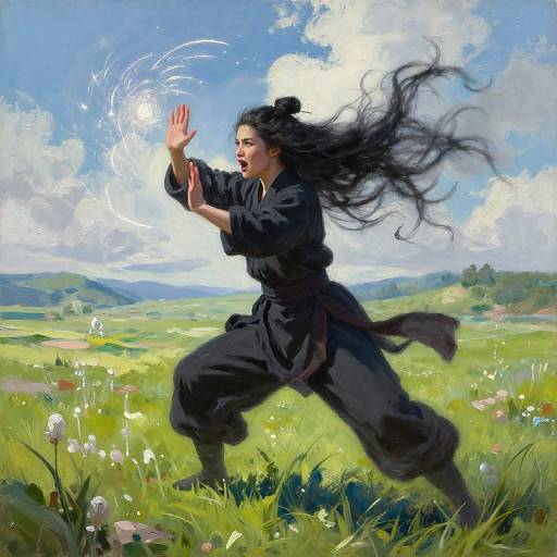 Digital painting of an Asian woman with long black hair, wearing a black martial arts outfit, casting a glowing orb in a sunny, grassy field with