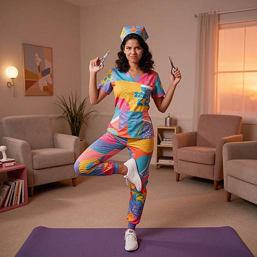 Photograph of a woman with curly black hair in colorful, psychedelic nurse outfit, holding scissors, standing on purple yoga mat in living room with beige furniture