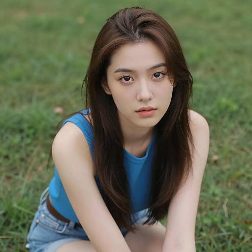 Intense Gaze: Young Woman on Grass