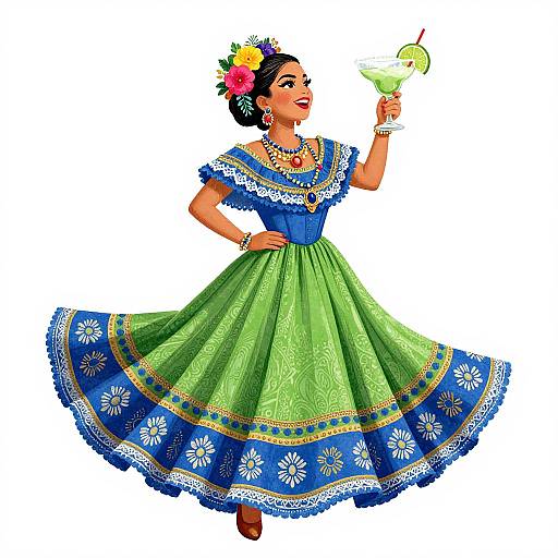 Colorful digital illustration of a dancing Mexican woman in a blue and green floral dress, flower hairpiece, holding a cocktail, white background.