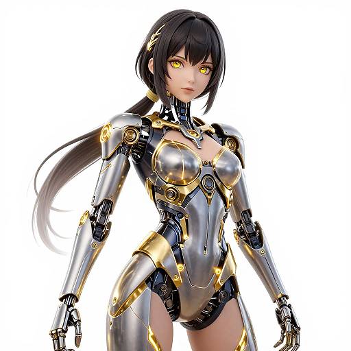 Digital art of a sexy, yellow-eyed, black-haired anime-style woman in a sleek, silver and black robotic bodysuit with gold accents. White