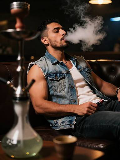 Muscular Man Smoking Shisha in Lounge