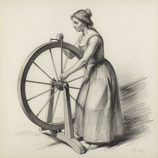 Monochrome pencil drawing of a woman in a long, sleeveless dress, standing and operating a large spinning wheel, viewed in profile. Signature 