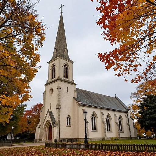 Photograph of a white Gothic-style church with a tall spire, surrounded by autumn leaves in vibrant orange and yellow.