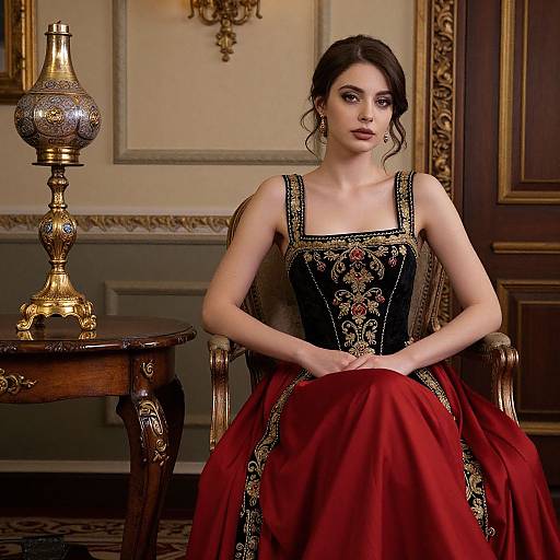 Photograph of a fair-skinned woman with dark hair, wearing an ornate black and red dress, sitting in an elegant, vintage room with a