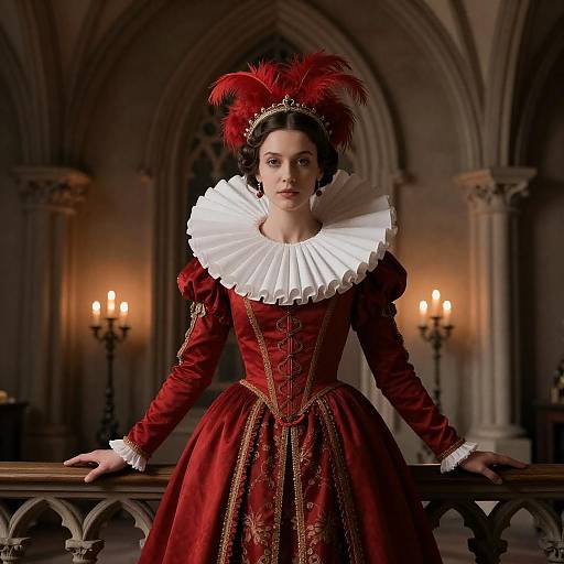 Woman in Red Renaissance Dress with Feathered Headdress