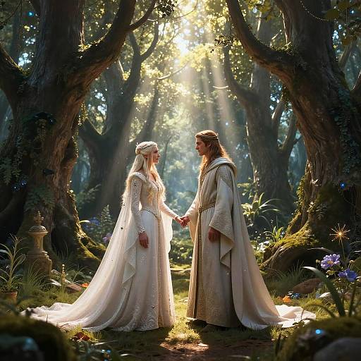 Fantasy forest photograph of two fair-skinned women in flowing, ornate white gowns holding hands under sunlight filtering through tall trees.
