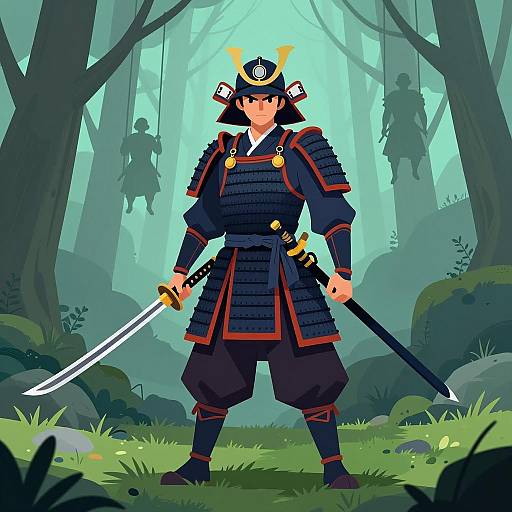 Samurai in Armor with Katana in Misty Forest