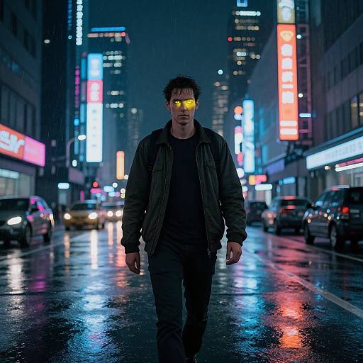 Neon-lit, rain-soaked city street at night, man with glowing yellow eyes, dark clothes, walking center frame, cars and billboards